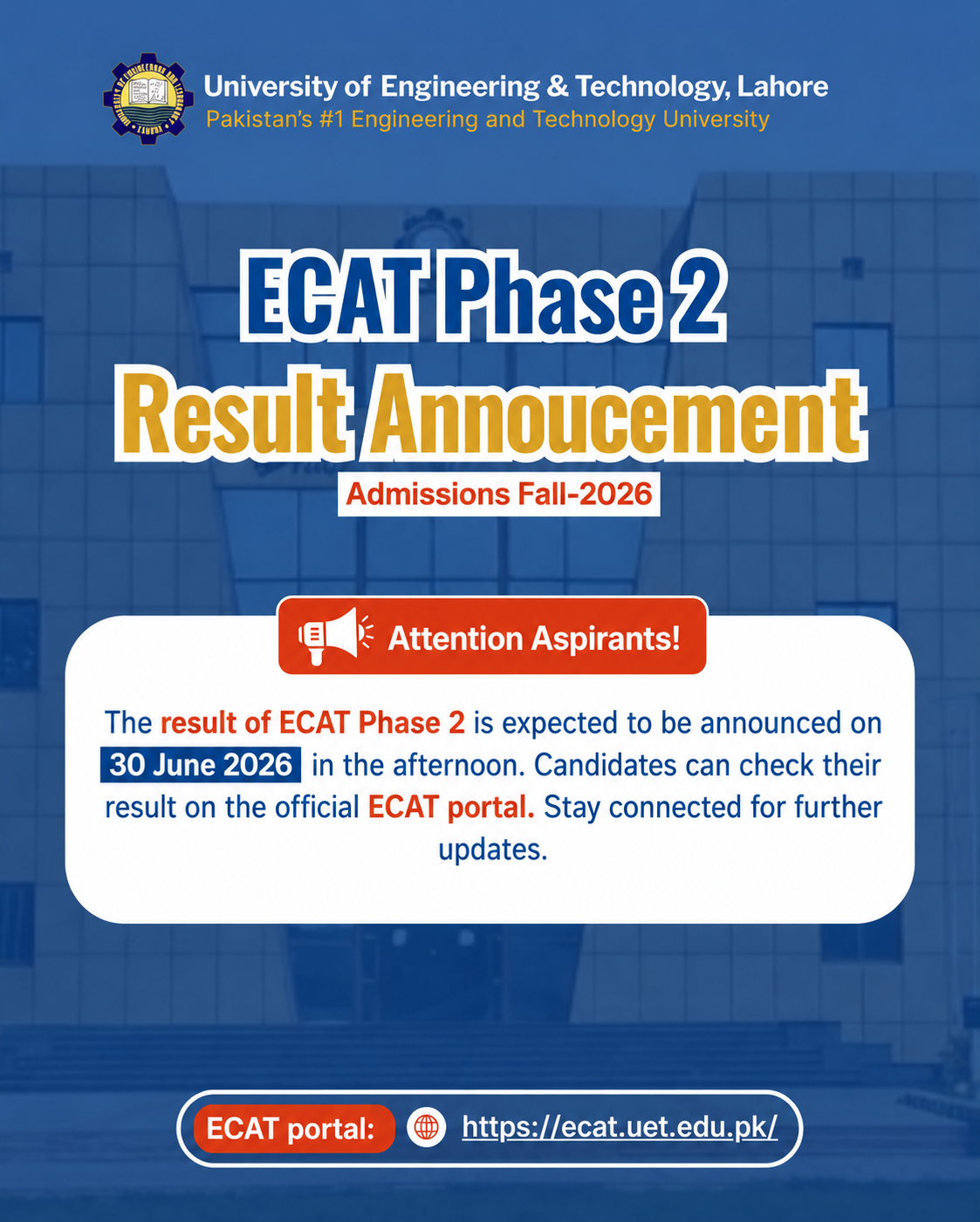 ECAT 2026 (Second) Result Announced for Fall 2026 Admissions