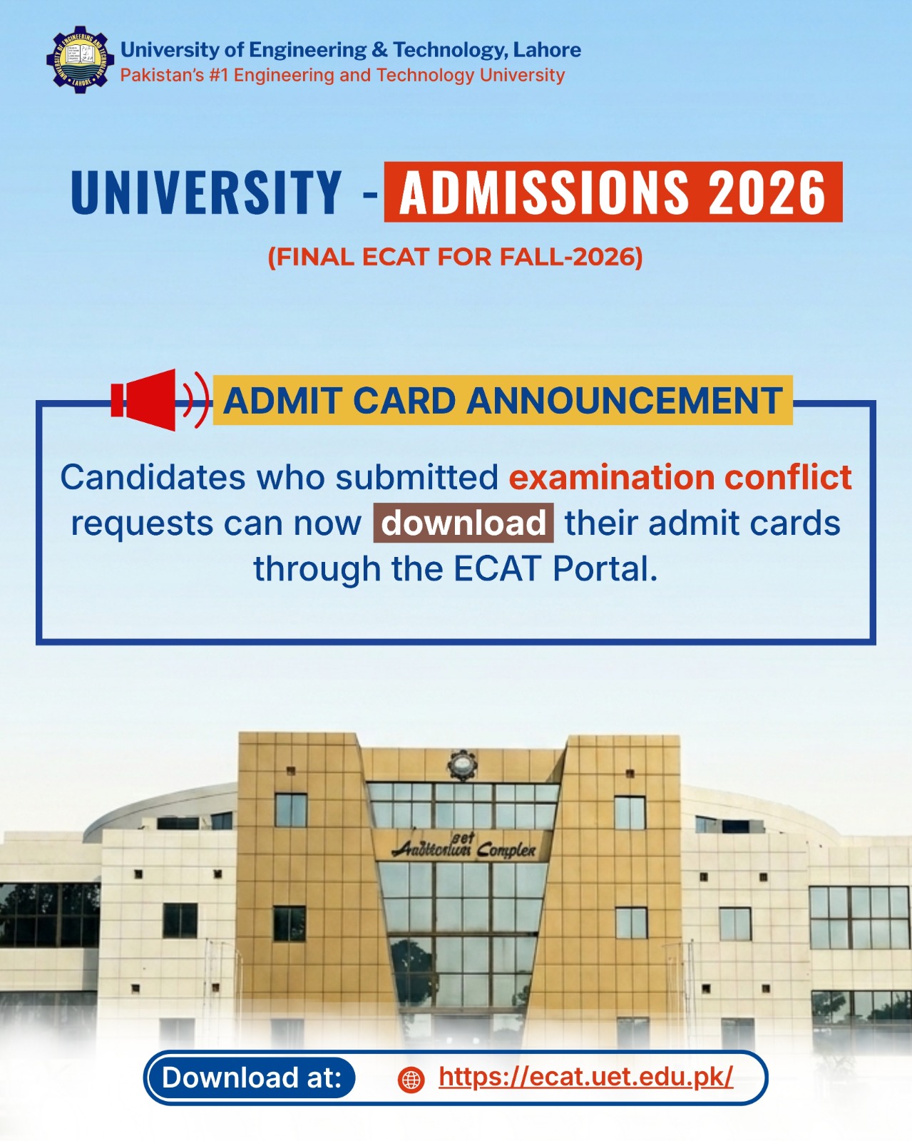 Admit Card Announcement – ECAT 2026 (Final ECAT for Fall 2026)