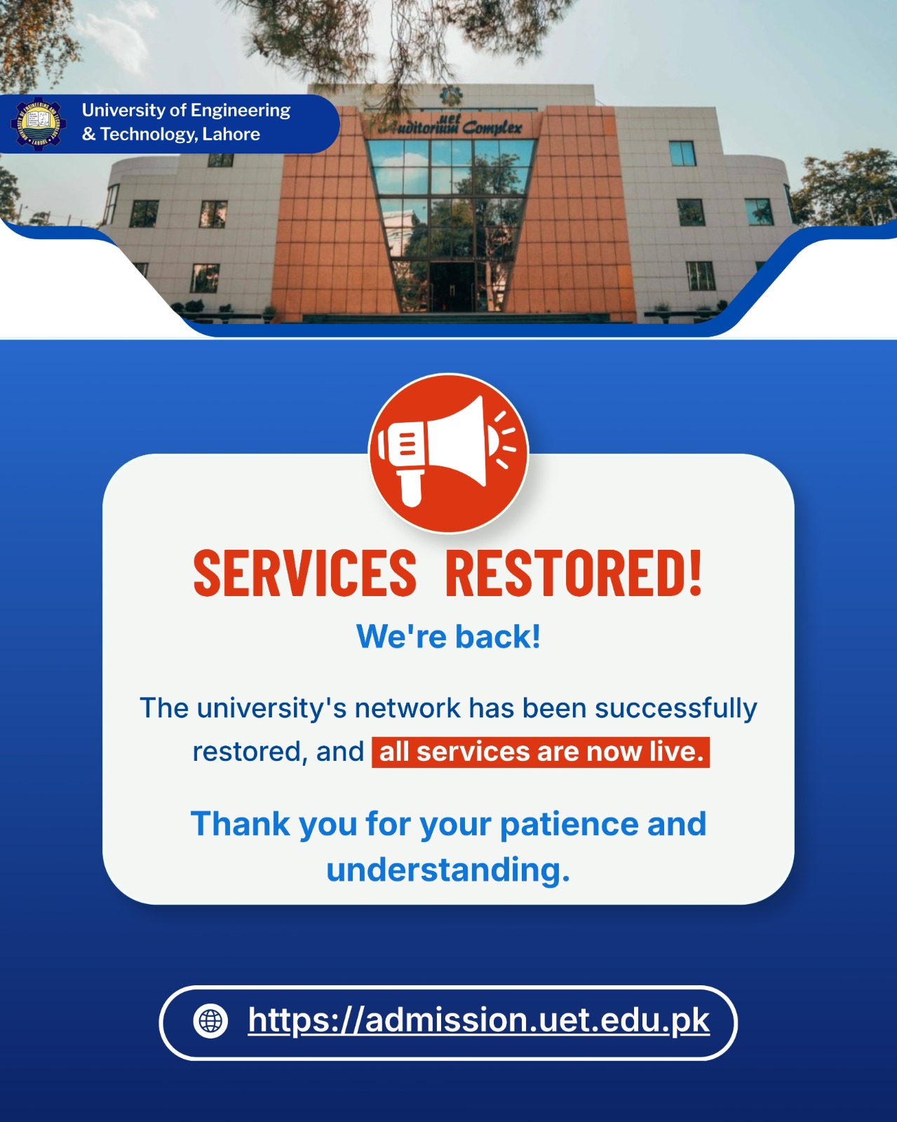 UET Lahore Restores Network Services – Admission Portal and All Online Services Now Live